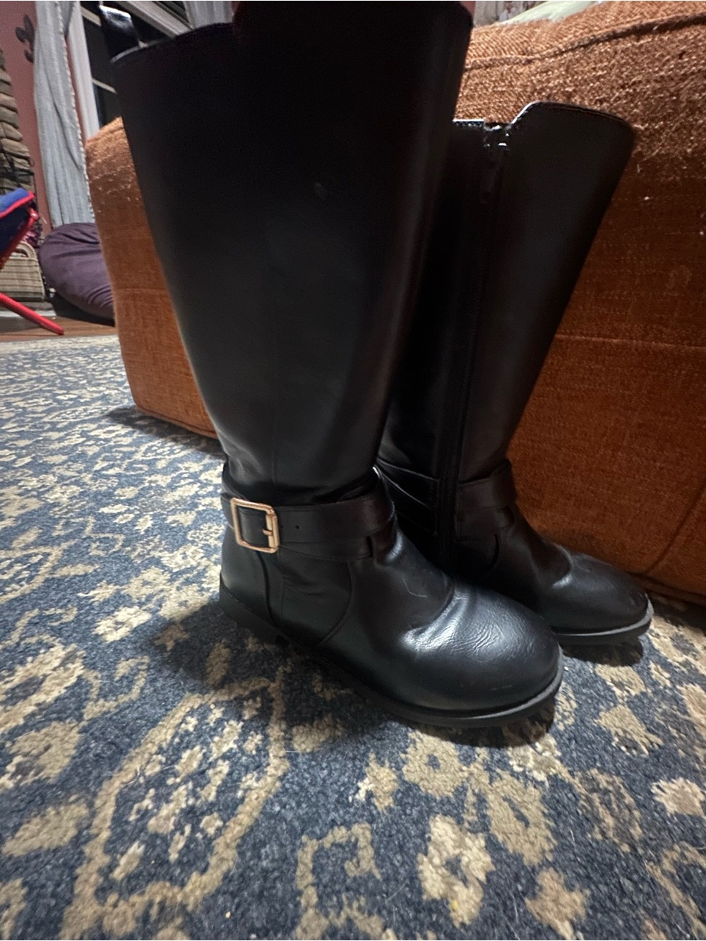 Classic Black Knee-High Riding Boots with Buckle - Sz 1